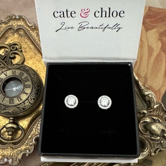 CATE & CHLOE • Ariel White Gold Halo Simulated Diamond Crystals Earrings - Picture 1 of 1